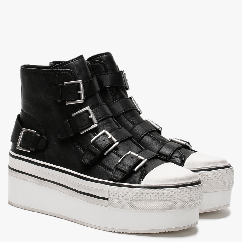 Jewel Black Leather Buckled High Top Platform Trainers