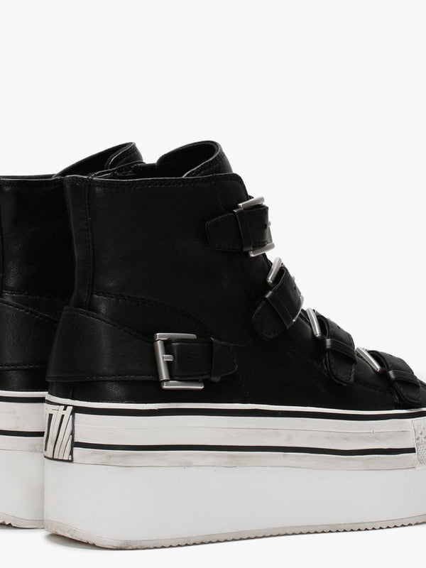 Jewel Black Leather Buckled High Top Platform Trainers