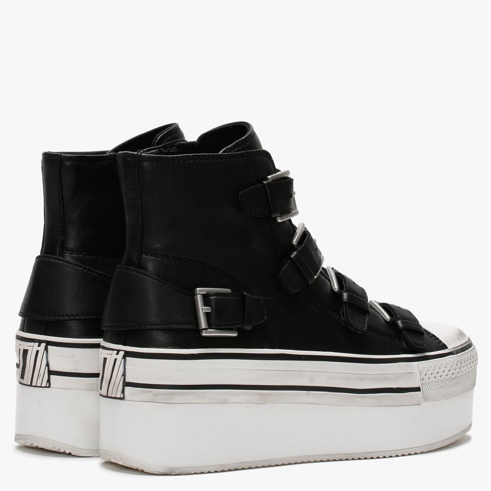 Jewel Black Leather Buckled High Top Platform Trainers