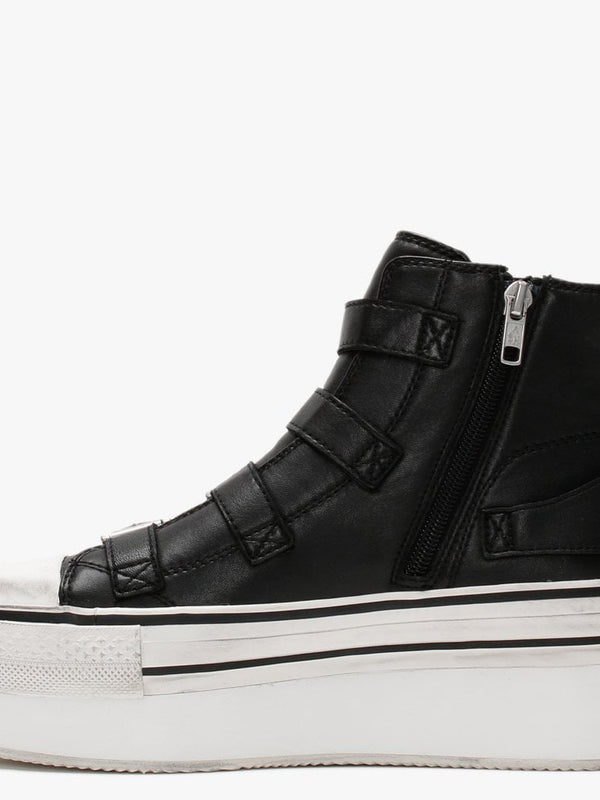 Jewel Black Leather Buckled High Top Platform Trainers