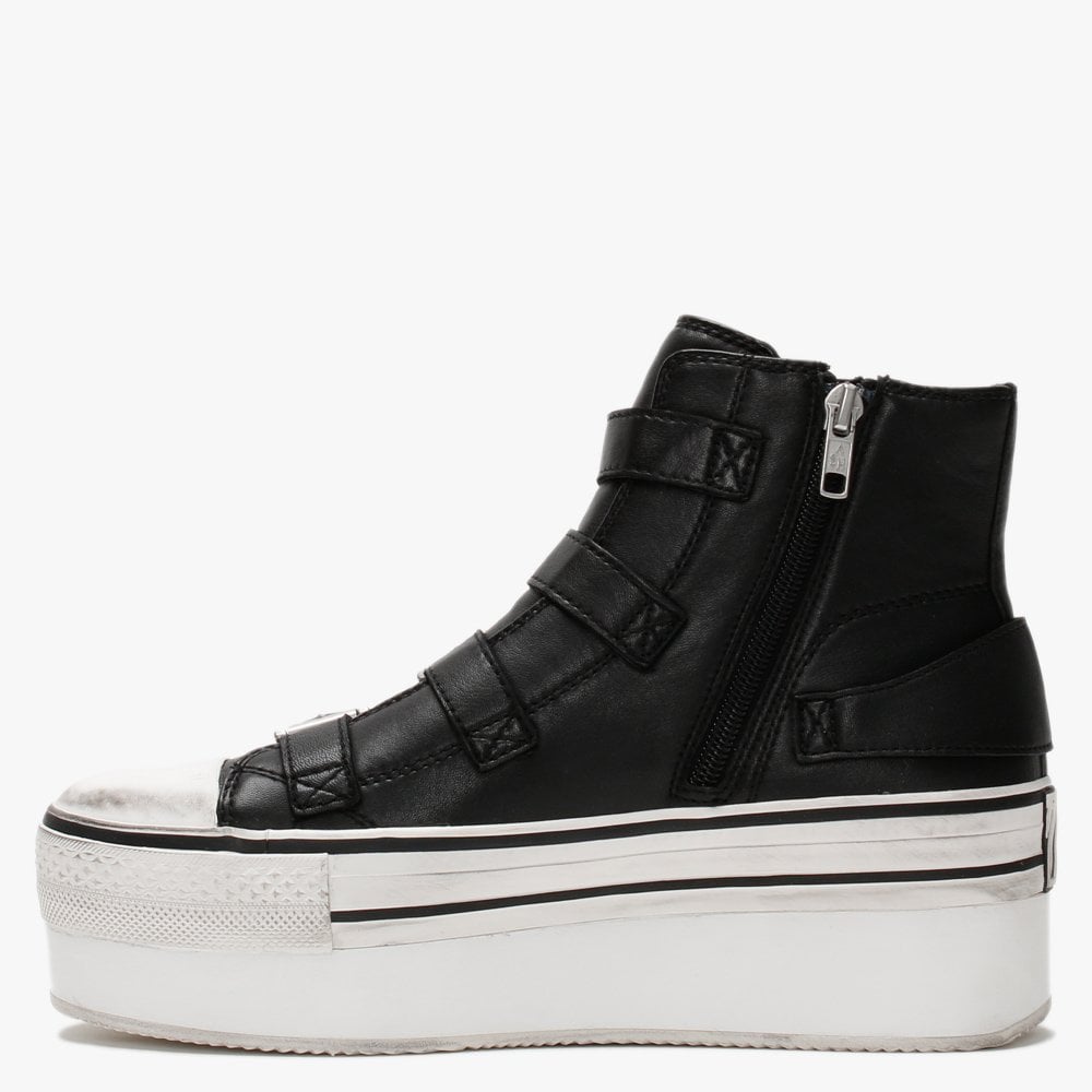 Jewel Black Leather Buckled High Top Platform Trainers
