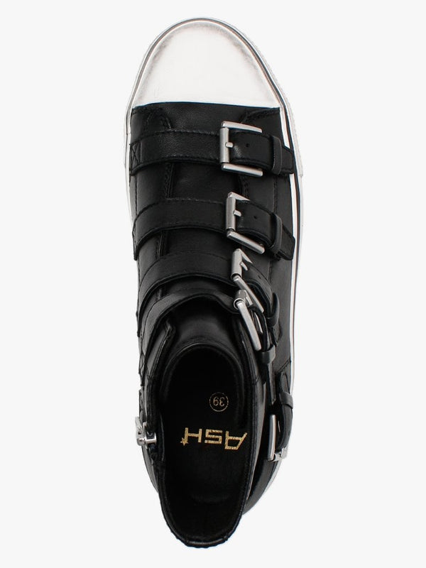 Jewel Black Leather Buckled High Top Platform Trainers