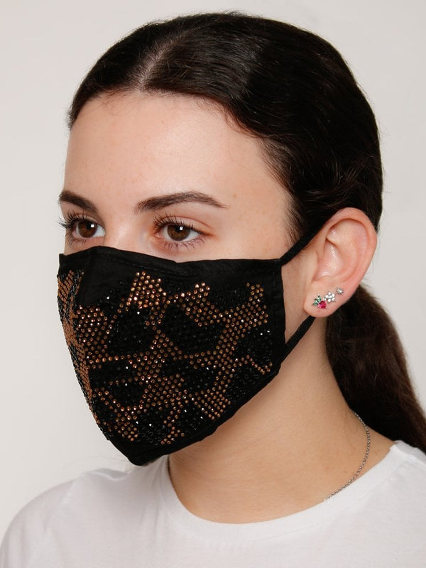Black Diamante Leopard Face Mask
