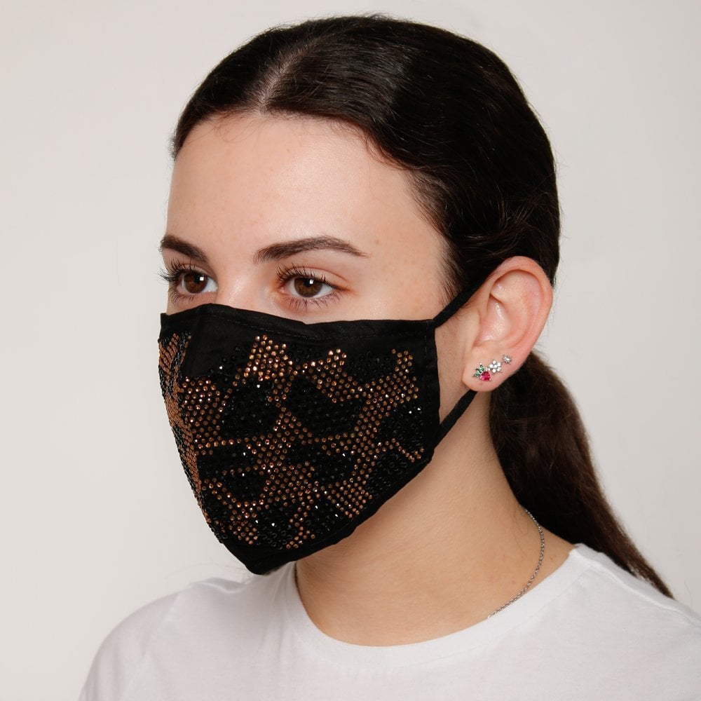 Black Diamante Leopard Face Mask