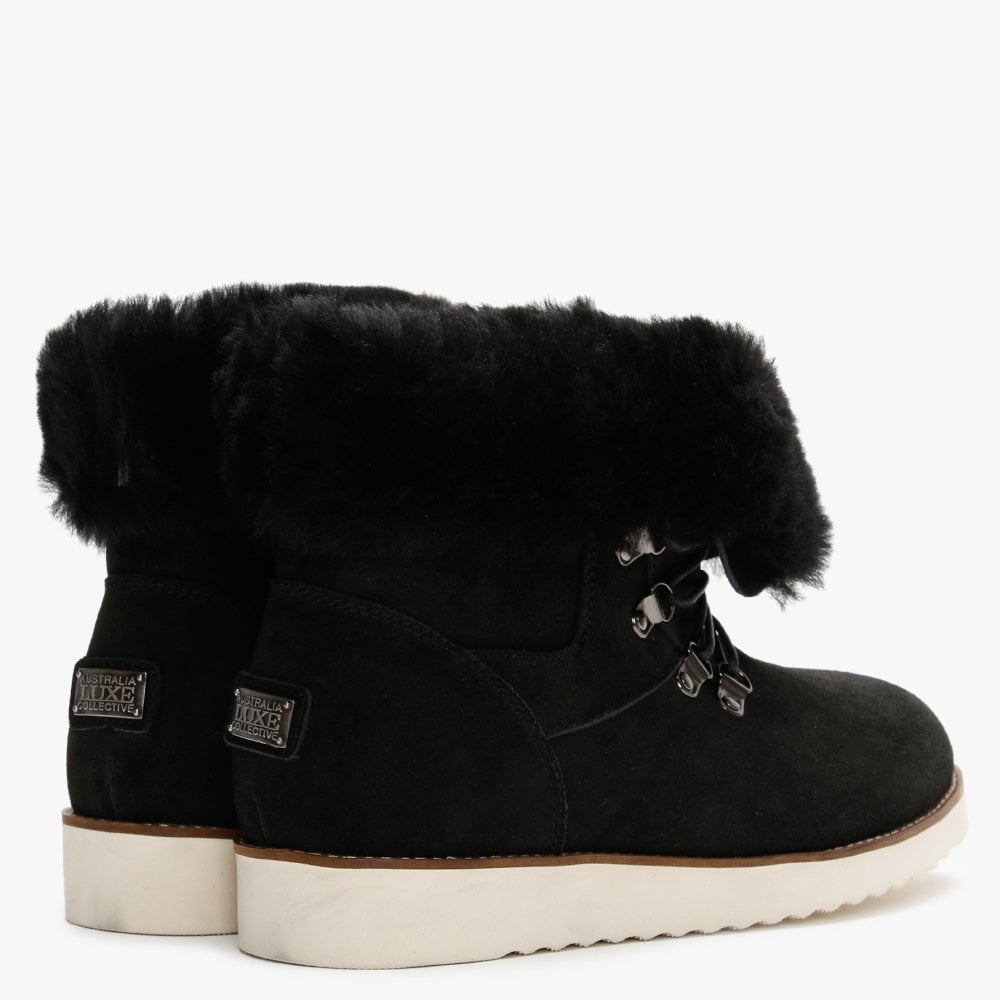 Yael Black Double-Face Sheepskin Lace Up Boots