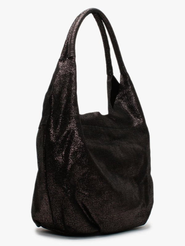 Black Metallic Leather Slouchy Shoulder Bag