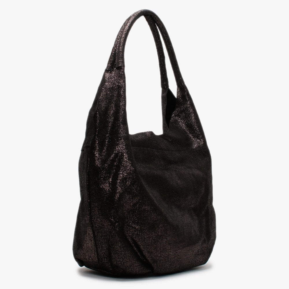 Black Metallic Leather Slouchy Shoulder Bag