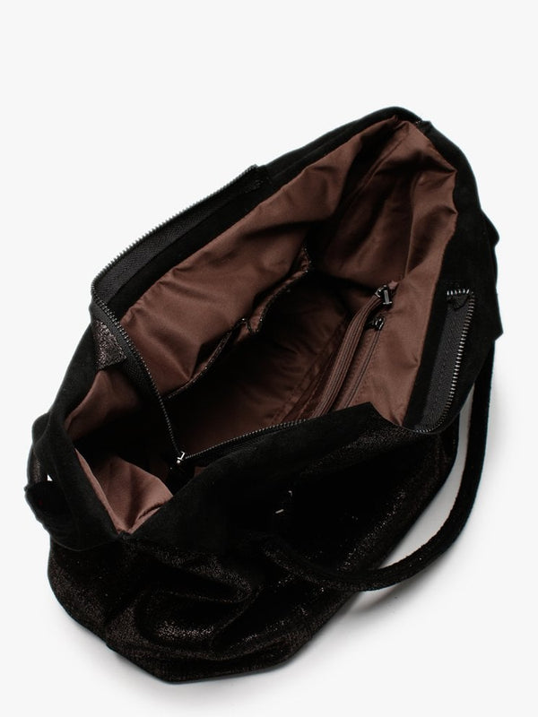 Black Metallic Leather Slouchy Shoulder Bag