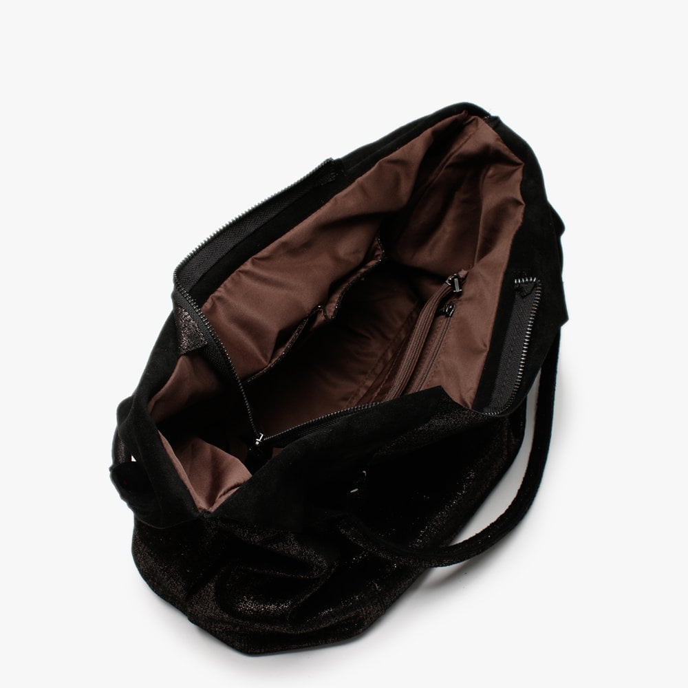 Black Metallic Leather Slouchy Shoulder Bag