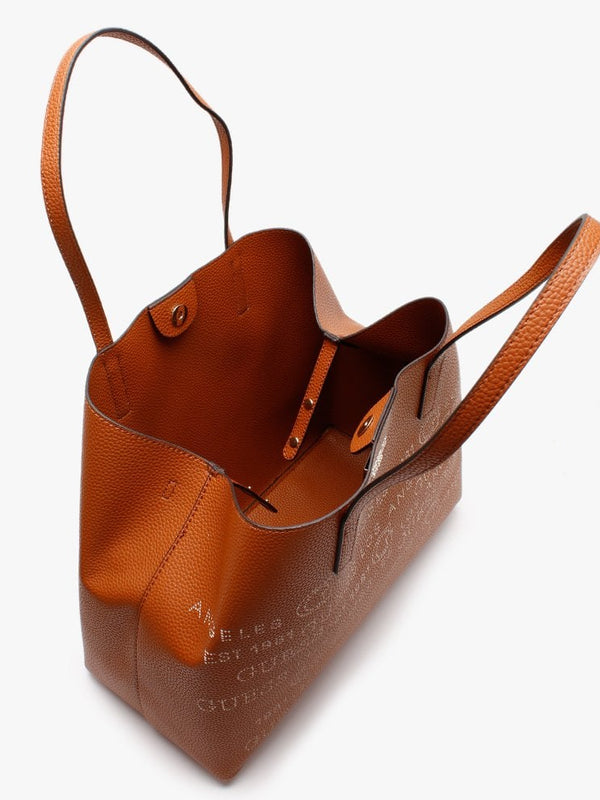 Large Vikky Stamp II Cognac Pebbled Tote Bag