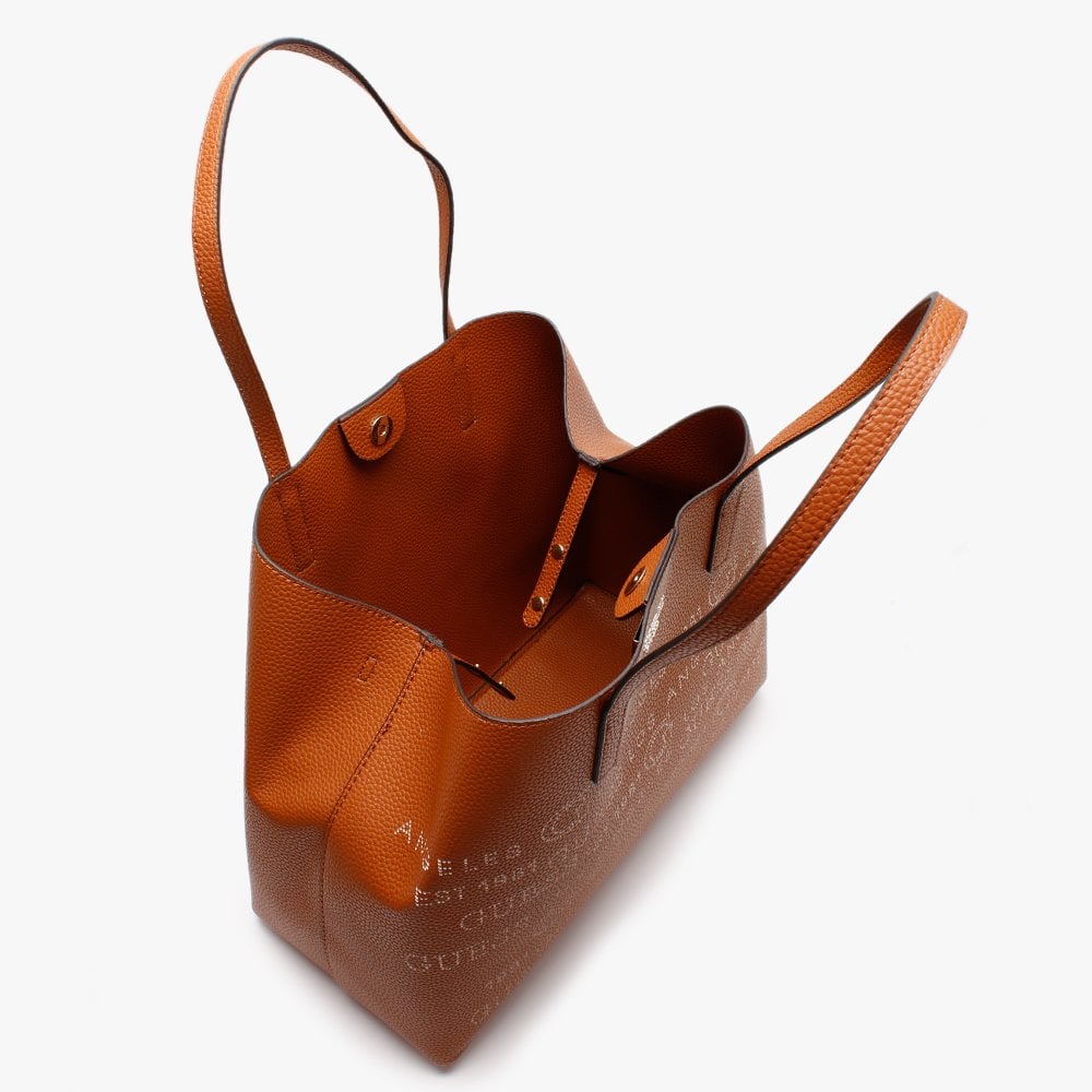 Large Vikky Stamp II Cognac Pebbled Tote Bag