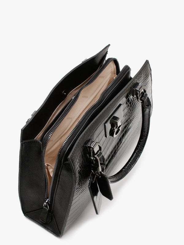 Stephi Black Moc Croc Black Hardware Satchel Bag