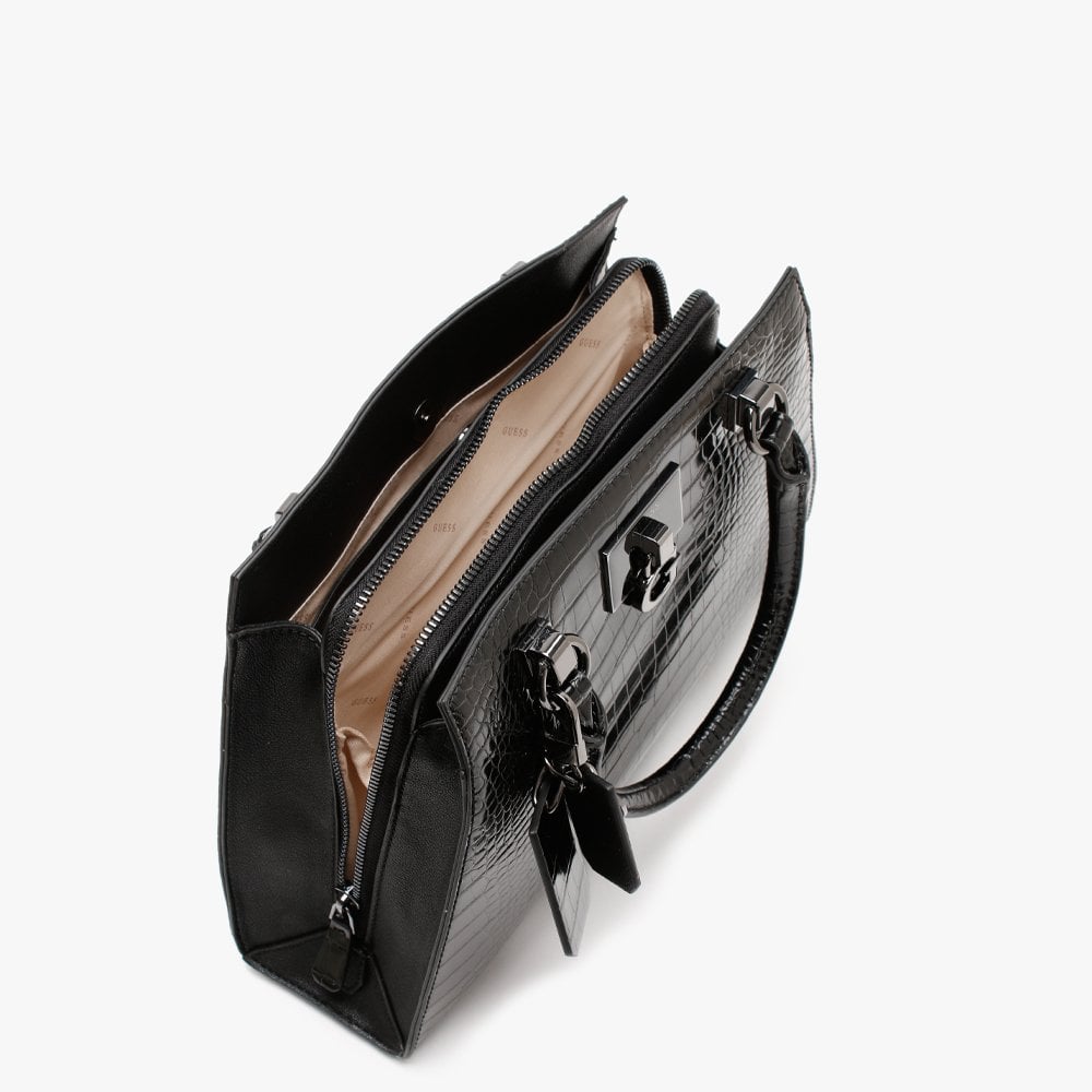 Stephi Black Moc Croc Black Hardware Satchel Bag