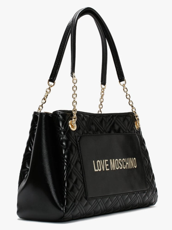 Diamond Check Black Patent Chain Shopper Bag