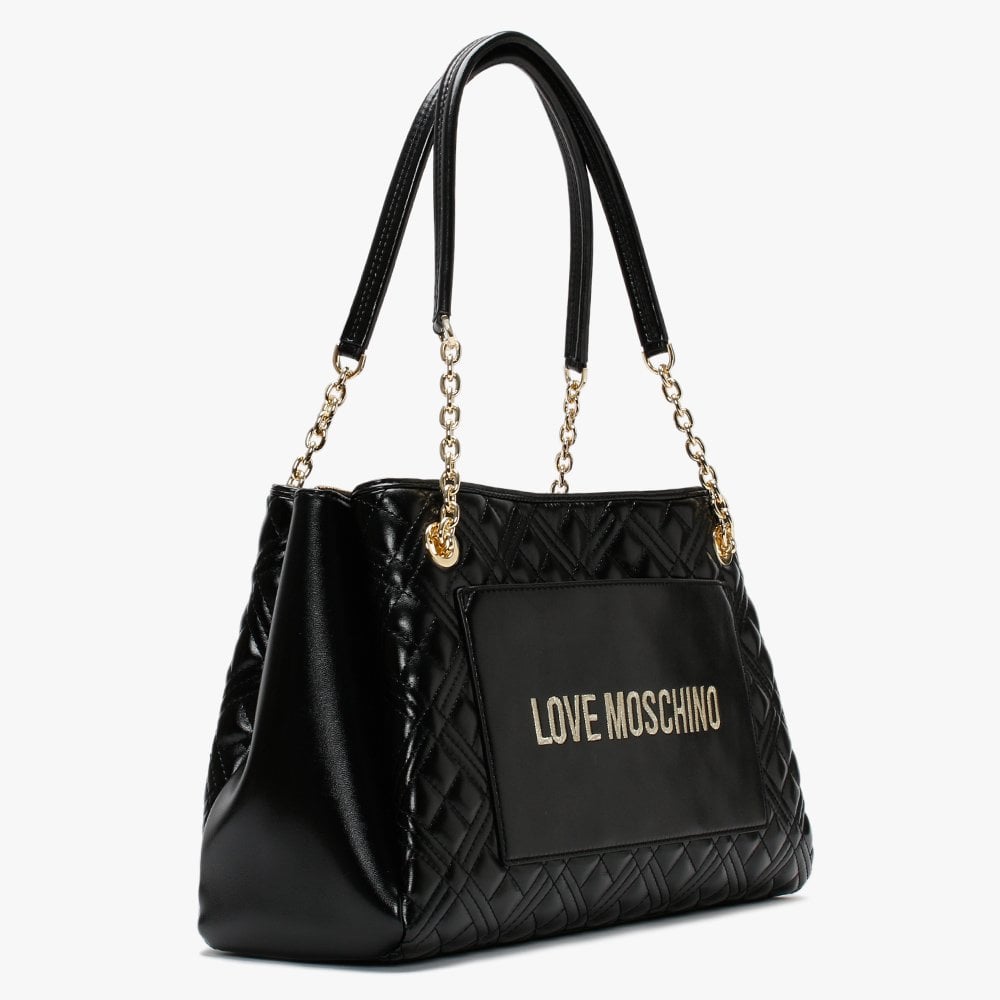 Diamond Check Black Patent Chain Shopper Bag