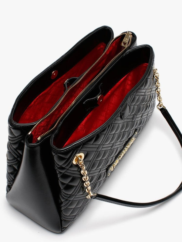 Diamond Check Black Patent Chain Shopper Bag
