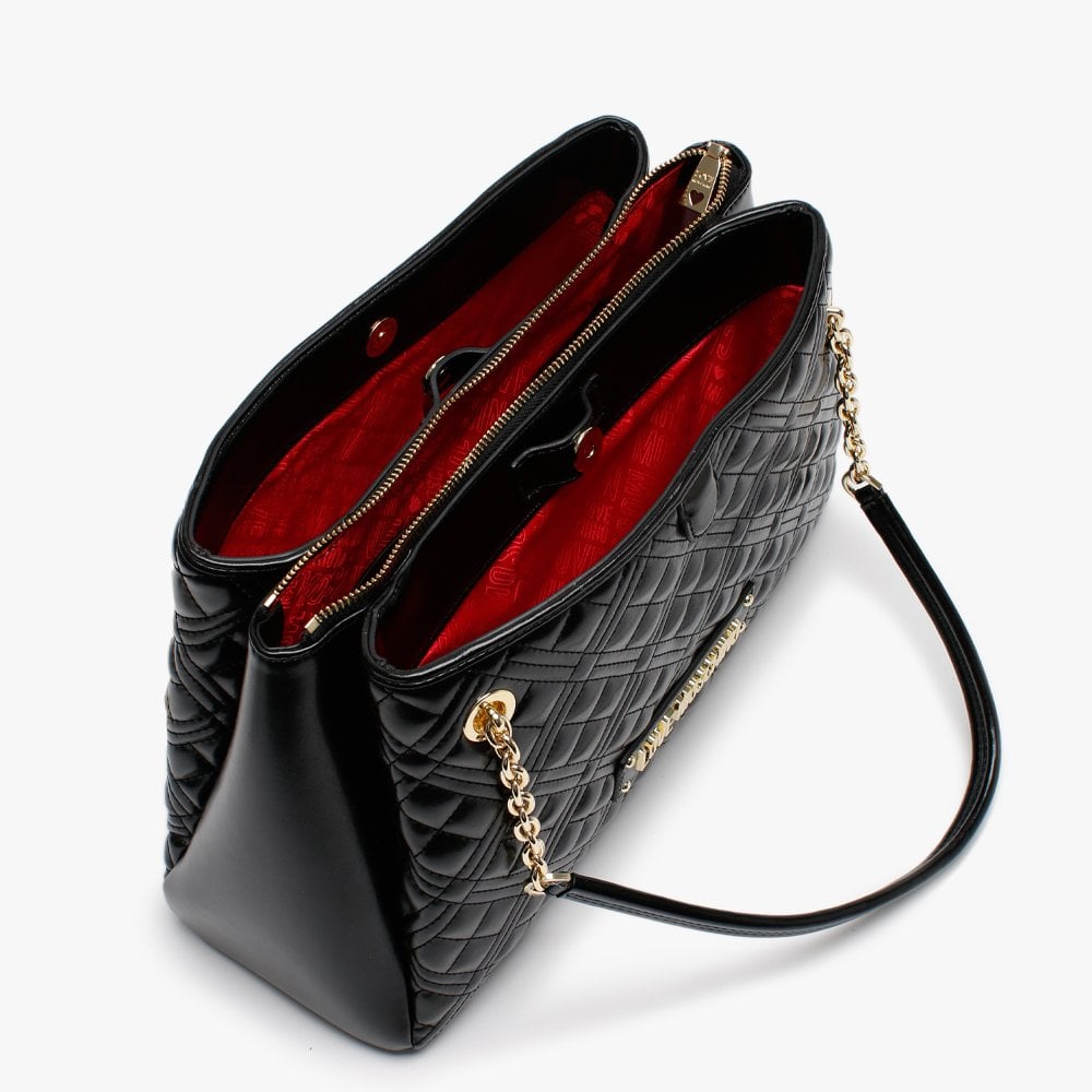 Diamond Check Black Patent Chain Shopper Bag