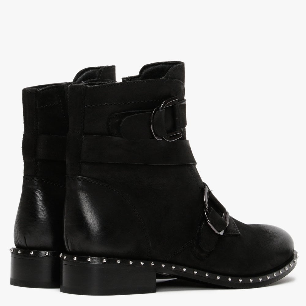 Sariah Black Leather Double Buckle Ankle Boots