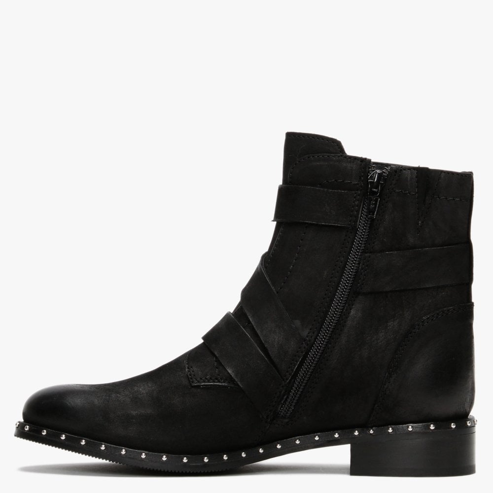 Sariah Black Leather Double Buckle Ankle Boots