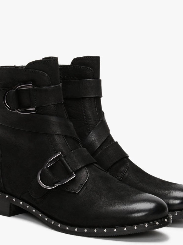 Sariah Black Leather Double Buckle Ankle Boots