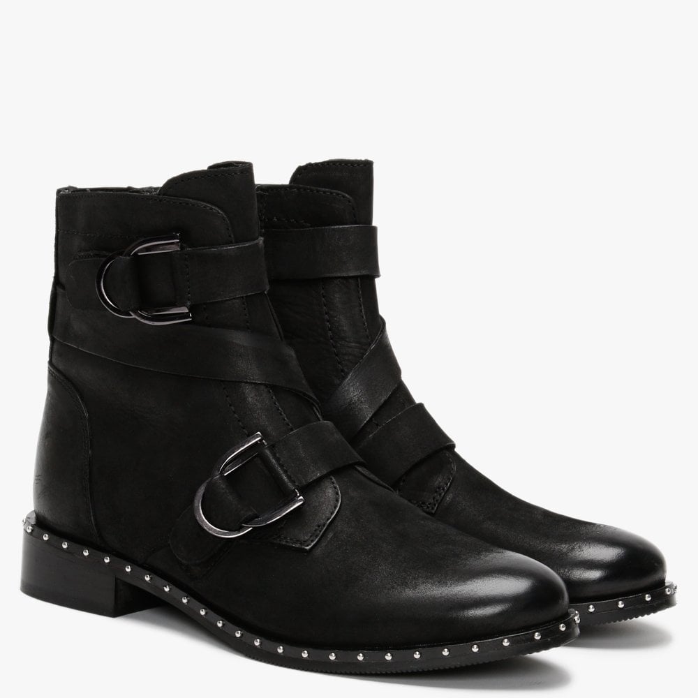 Sariah Black Leather Double Buckle Ankle Boots