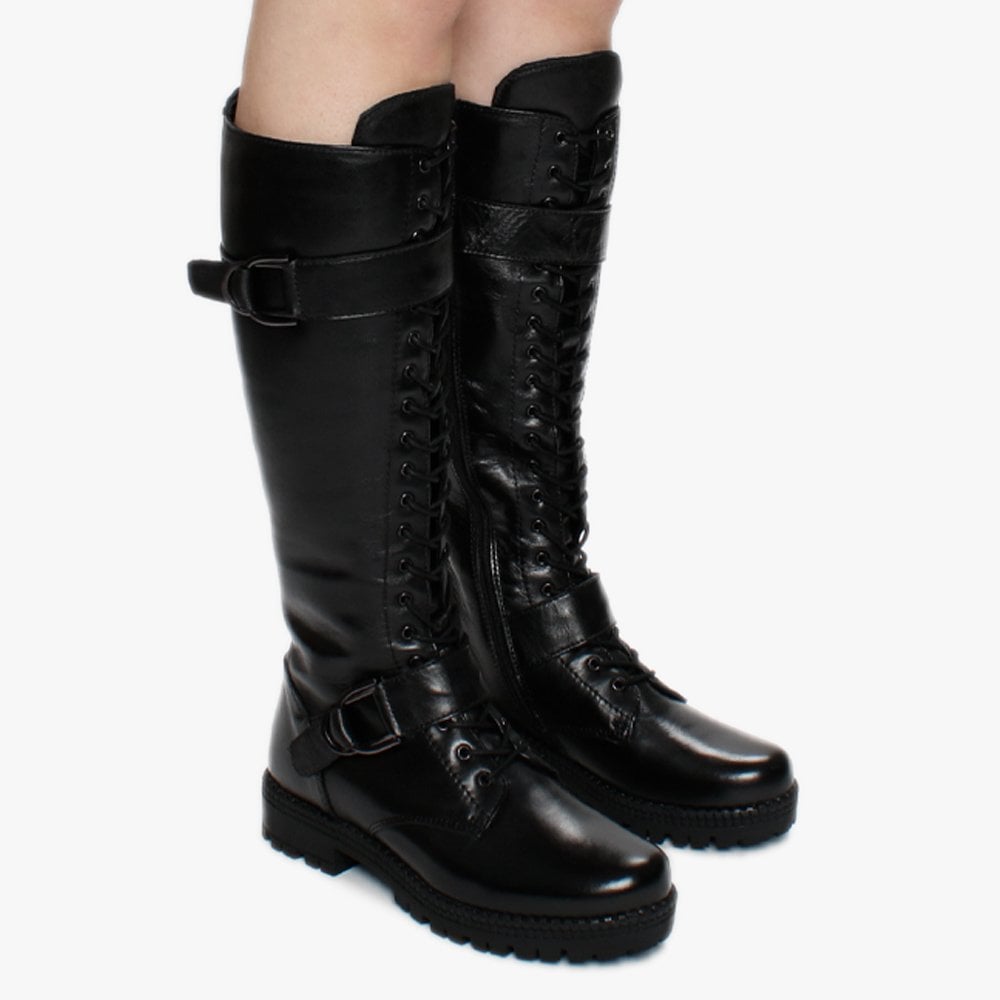 Sellena Black Leather Tall Biker Boots