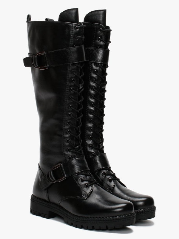 Sellena Black Leather Tall Biker Boots