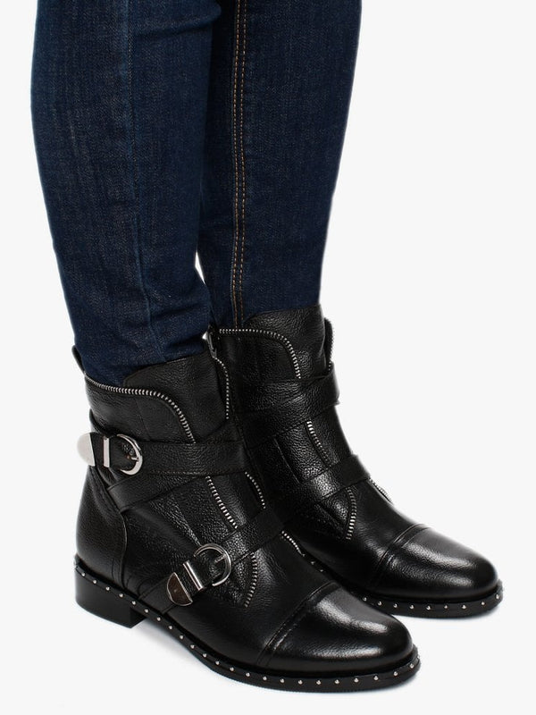 Sendi Black Pebbled Leather Biker Boots