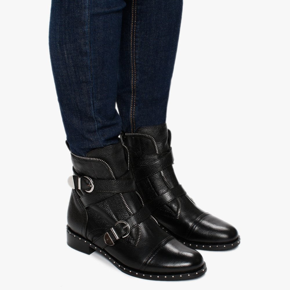 Sendi Black Pebbled Leather Biker Boots