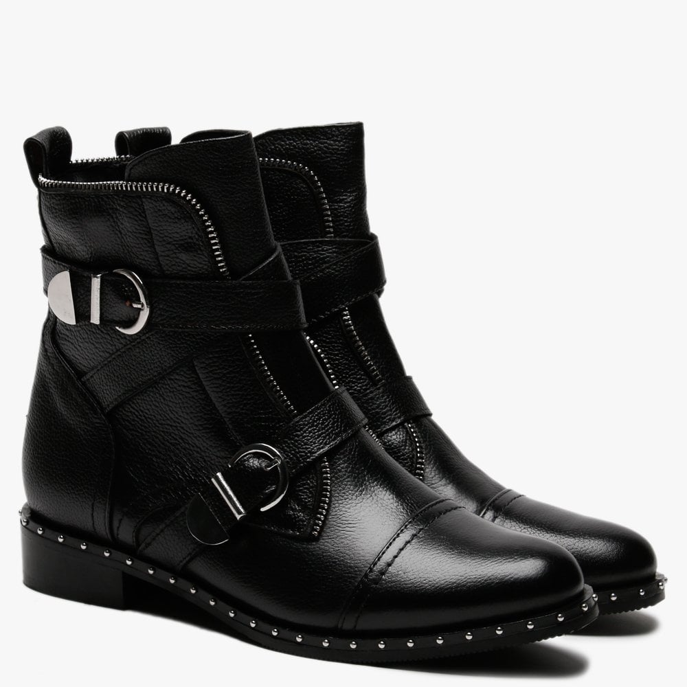 Sendi Black Pebbled Leather Biker Boots