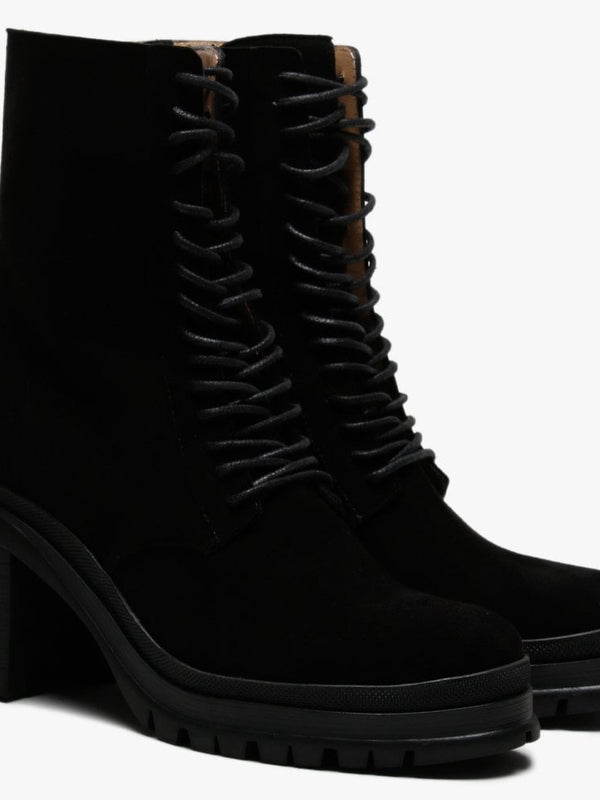 Pled Black Suede Lace Up Ankle Boots