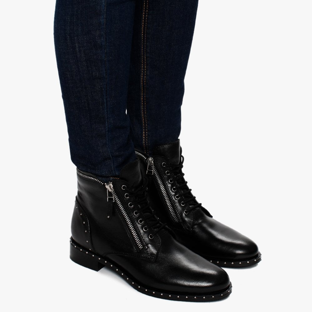 Doris Black Leather Zip Embellished Ankle Boots
