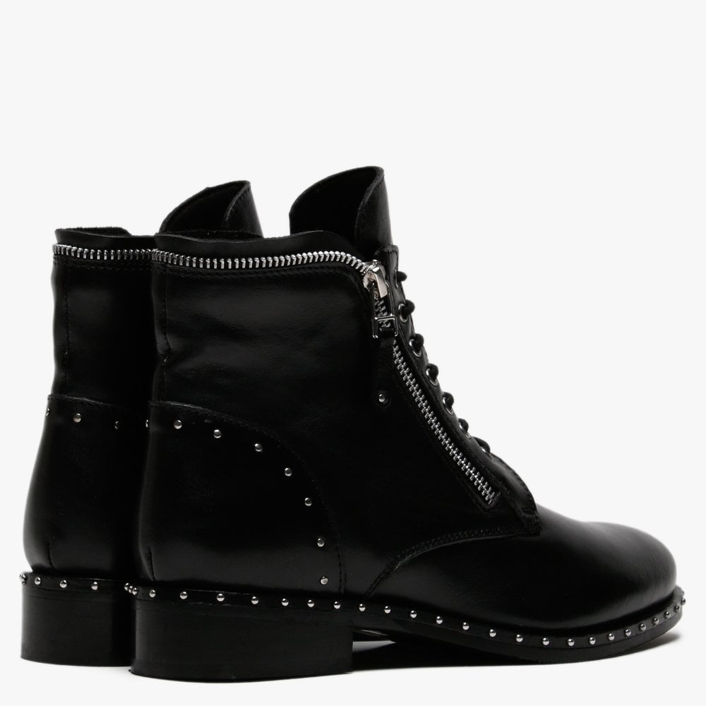 Doris Black Leather Zip Embellished Ankle Boots