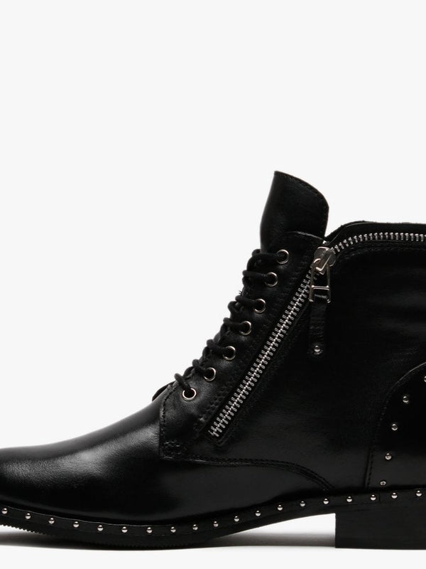 Doris Black Leather Zip Embellished Ankle Boots