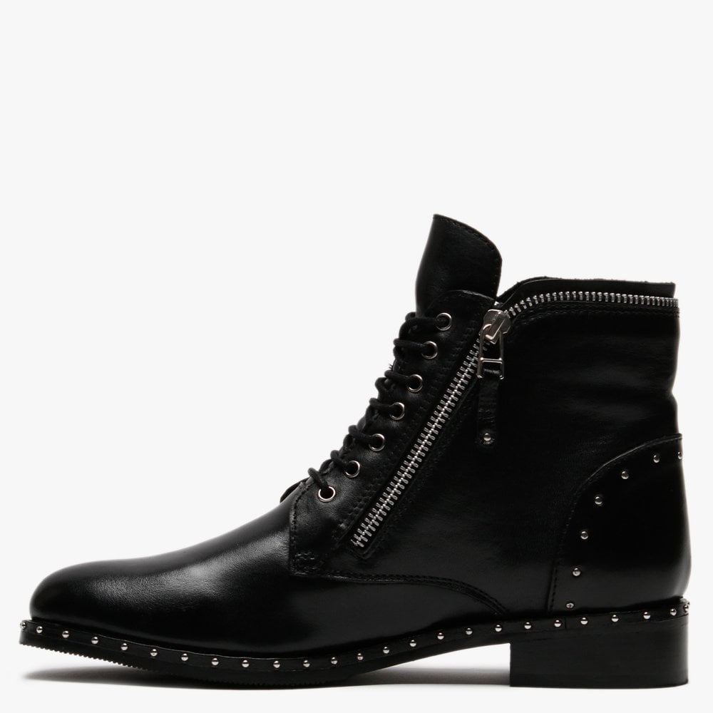 Doris Black Leather Zip Embellished Ankle Boots