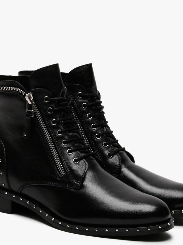 Doris Black Leather Zip Embellished Ankle Boots