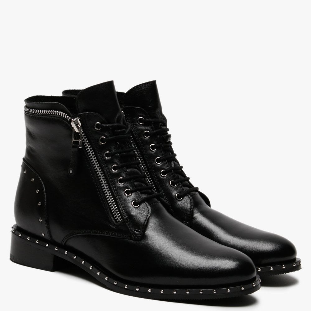 Doris Black Leather Zip Embellished Ankle Boots