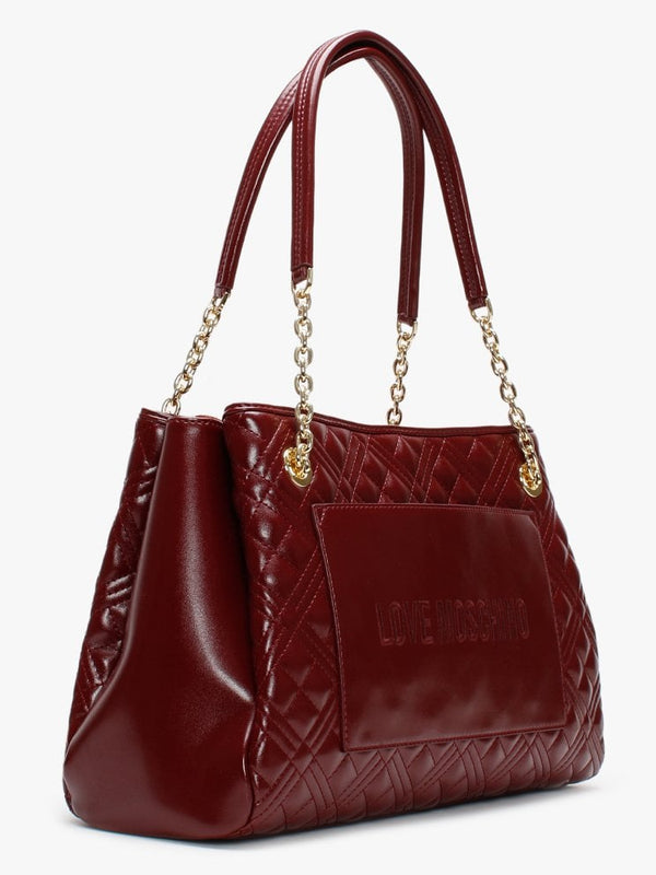 Diamond Check Burgundy Patent Chain Shopper Bag