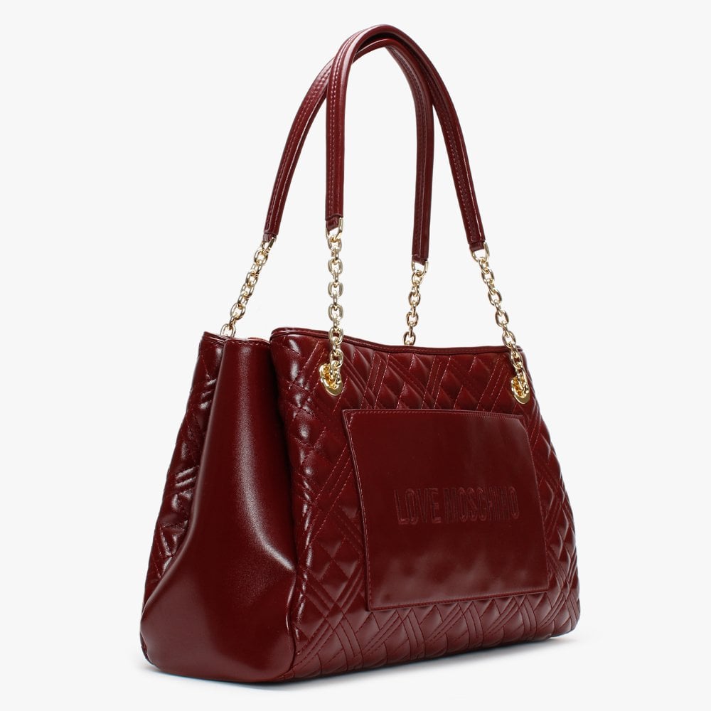 Diamond Check Burgundy Patent Chain Shopper Bag