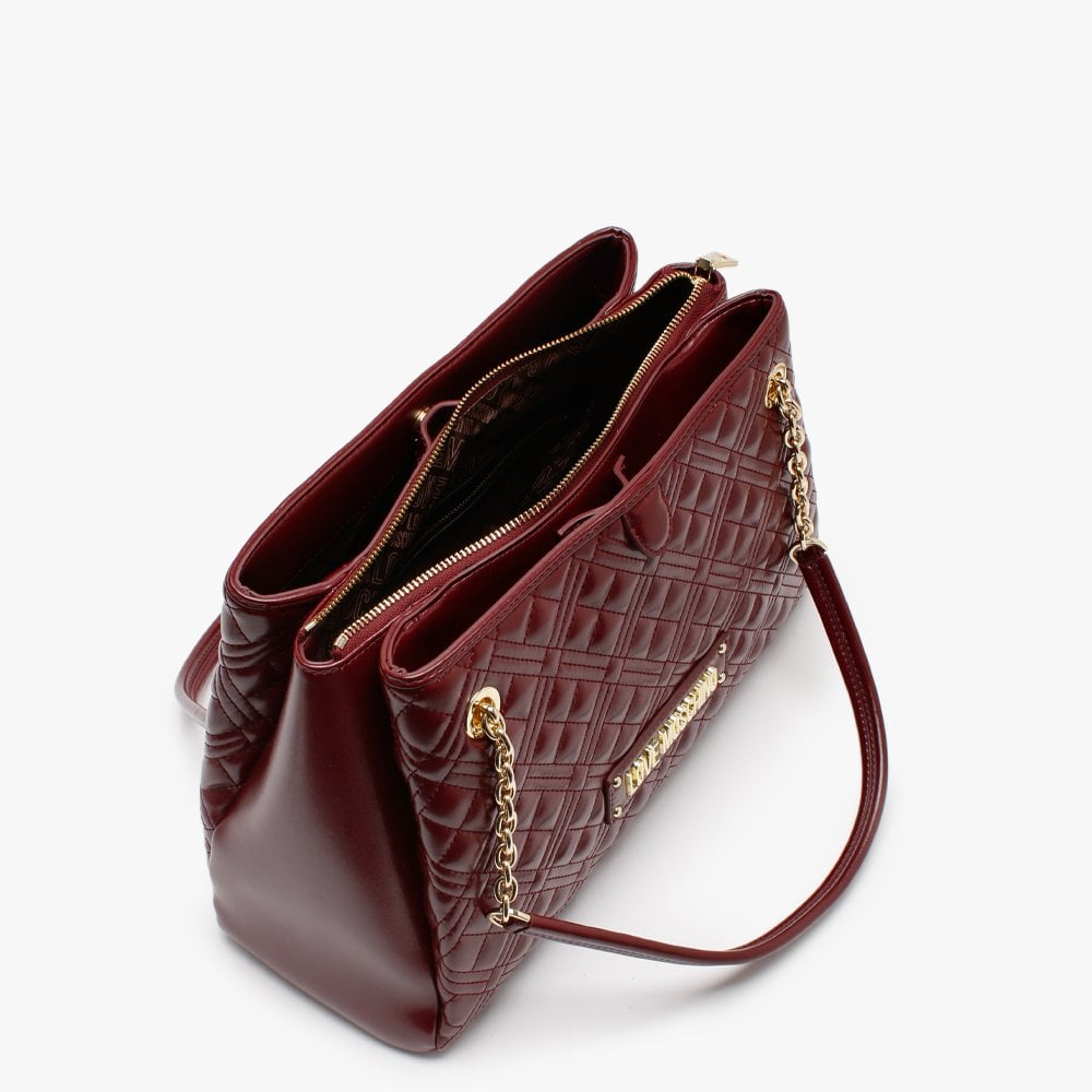 Diamond Check Burgundy Patent Chain Shopper Bag