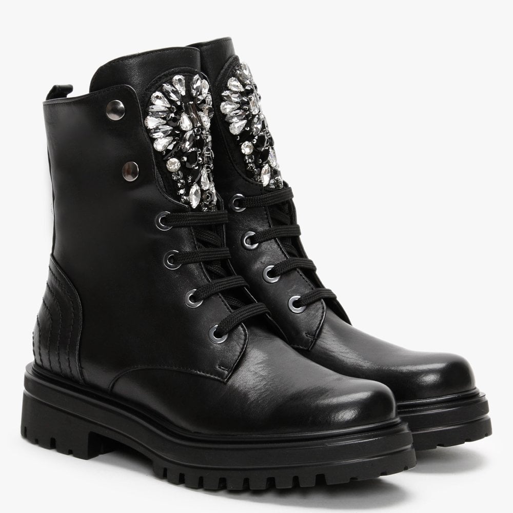 Emrika Black Leather Embellished Ankle Boots