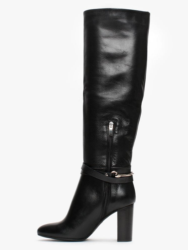 Lavlet Black Leather Stirrup Knee Boots