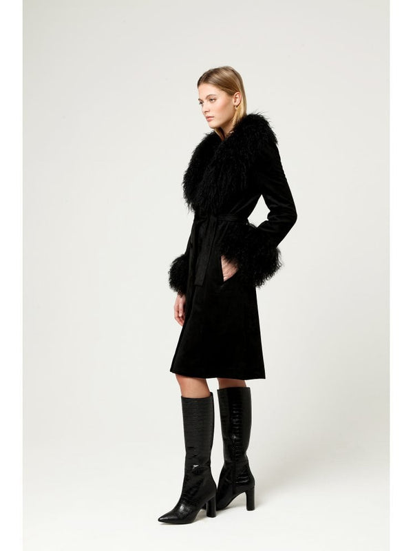 Penny Black Suedette Mongolian Trim 70’s Long Line Jacket