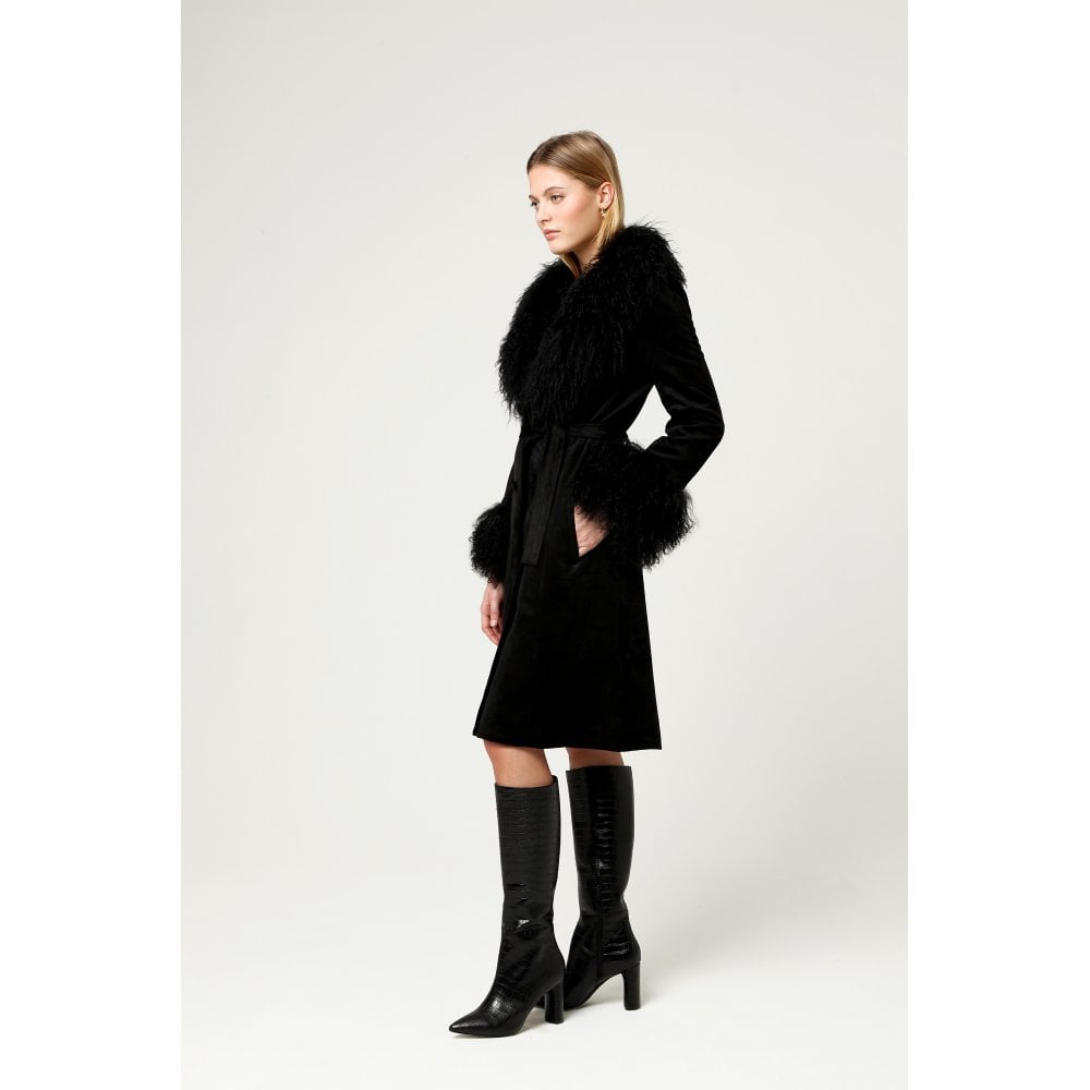 Penny Black Suedette Mongolian Trim 70’s Long Line Jacket