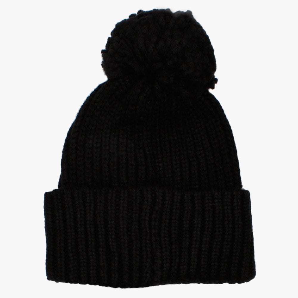 Chunky Rib Knit Black Pom Pom Beanie