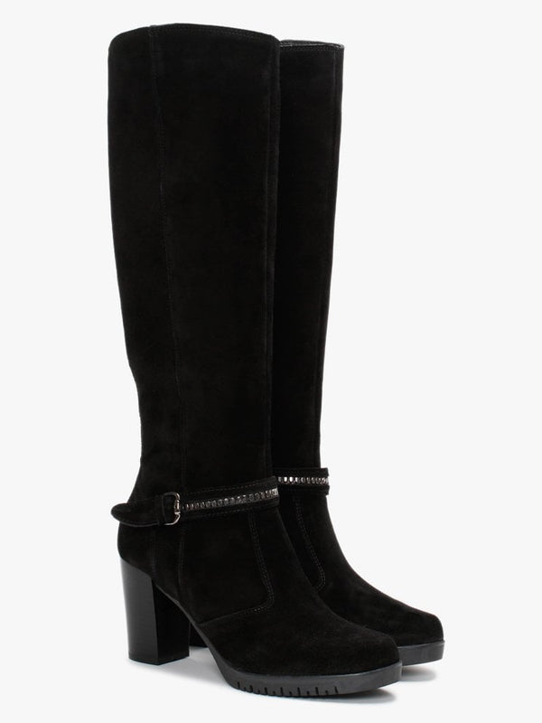 Leela Black Suede Buckle Strap Knee Boots