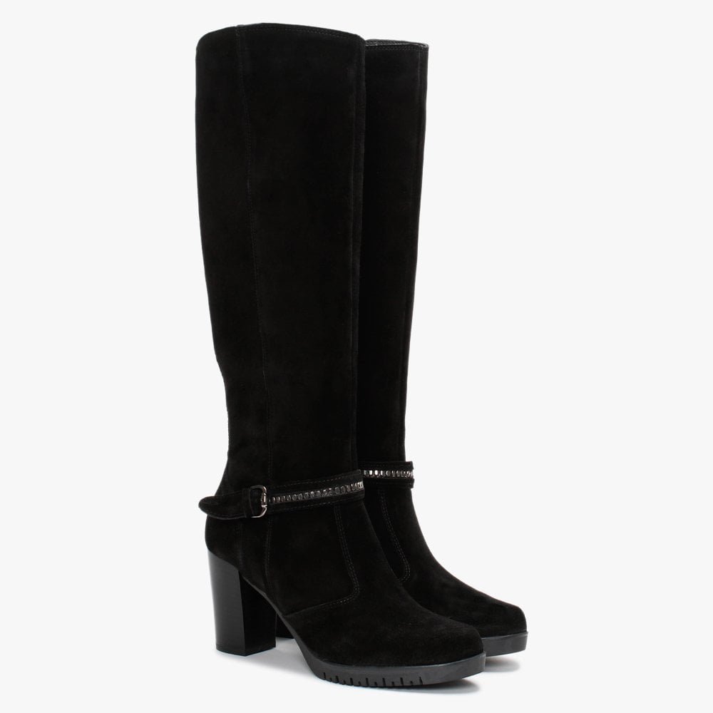 Leela Black Suede Buckle Strap Knee Boots