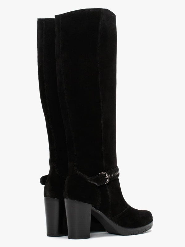 Leela Black Suede Buckle Strap Knee Boots
