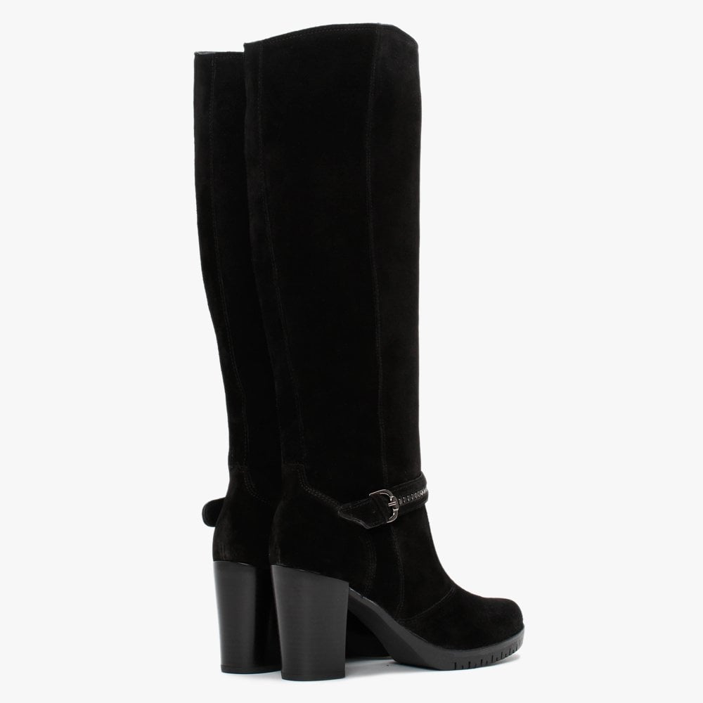 Leela Black Suede Buckle Strap Knee Boots