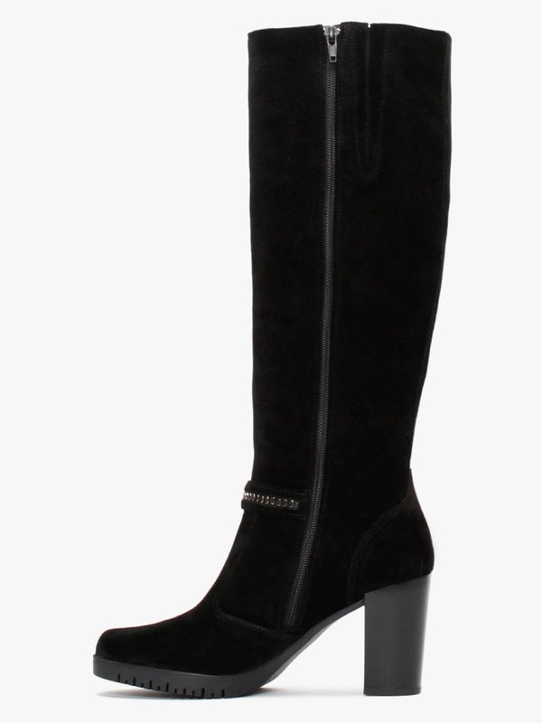 Leela Black Suede Buckle Strap Knee Boots